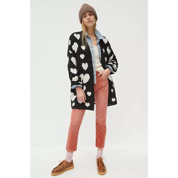 ANTHROPOLOGIE x MAEVE Halley Hearts Cardigan Sweater Black White Sz M/L {3W29} - Picture 3 of 7